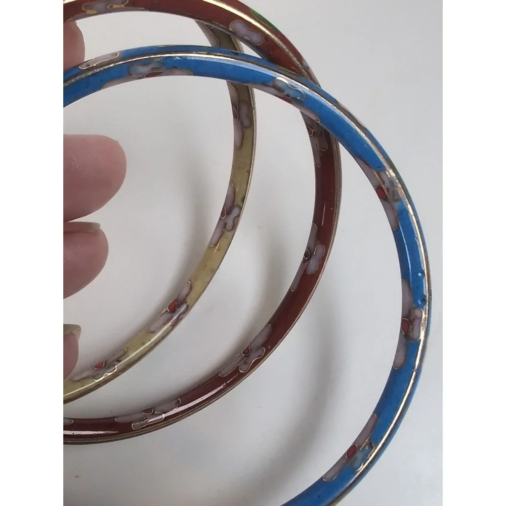 Cloisonné Bangles Bracelet Set of 3 Floral Metal Enamel Jewelry Vintage Retro